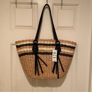 NWT Style & Co Large Straw Paper Tote Black Faux Leather Handles Black Stripe